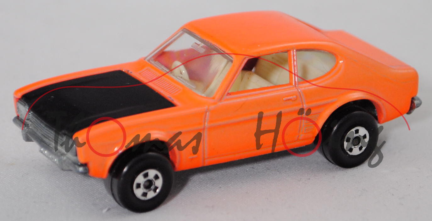 Ford Capri I (1. Gen., Typ Capri '69, Modell 1968-1972), h.-reinorange, Motorhaube schwarz, Matchbox