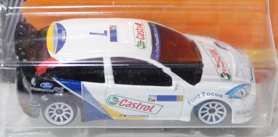 Ford Focus WRC (Nr. 201A), weiß, Castrol / MICHELIN / 7, 10-Speichen-Felge, majorette, 1:57, Blister