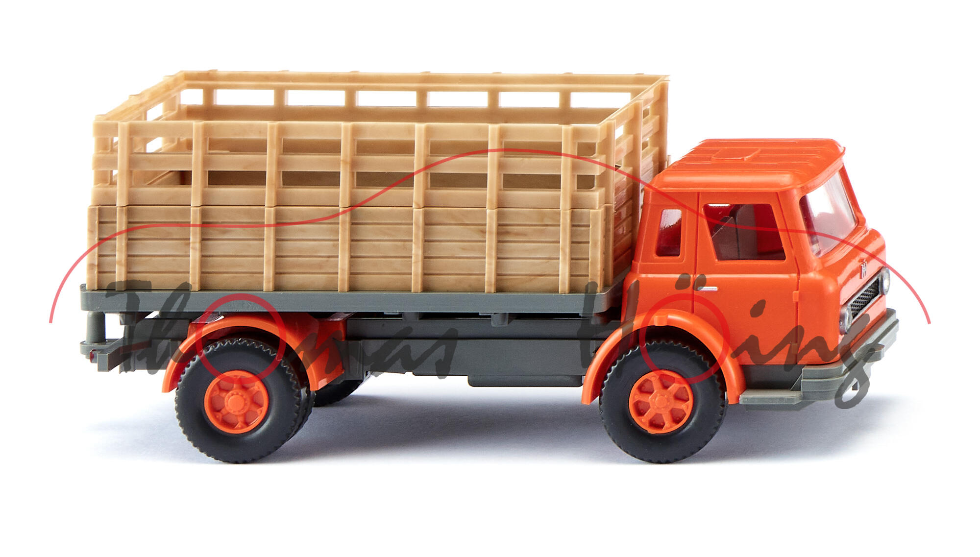 International Harvester Loadstar CO-1700 (Typ Frontlenker, Modell 1963-1970) Gitteraufbau-LKW, verkehrsorange/holzfarben changierend, Wiking, 1:87, mb