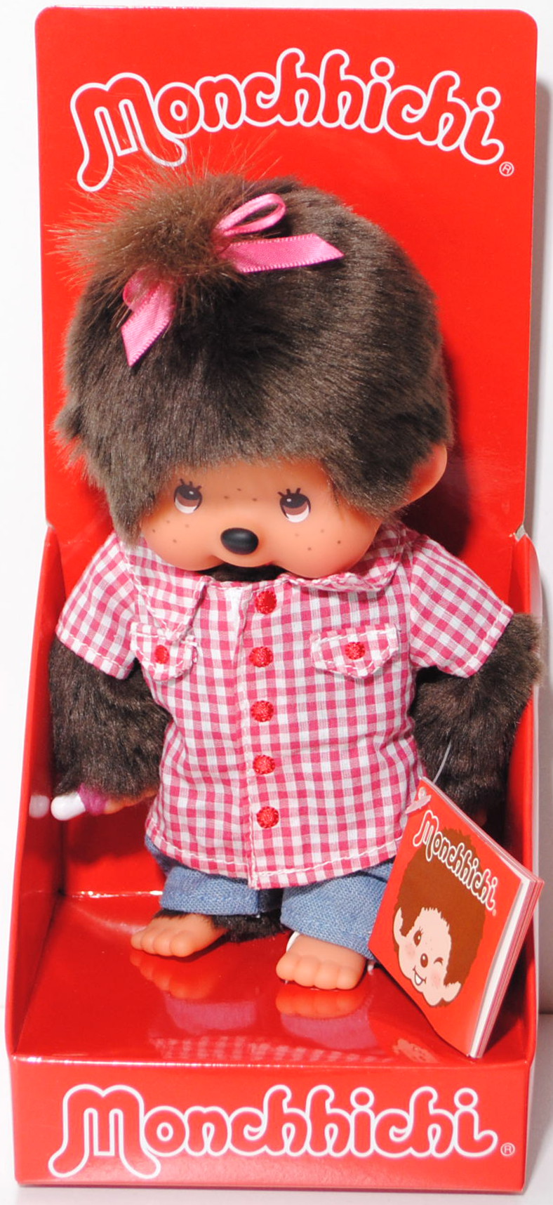 Monchhichi Pink Checker Shirt & Denim Girl (Mädchen mit Jeans und Hemd), 20 cm groß, Sekiguchi