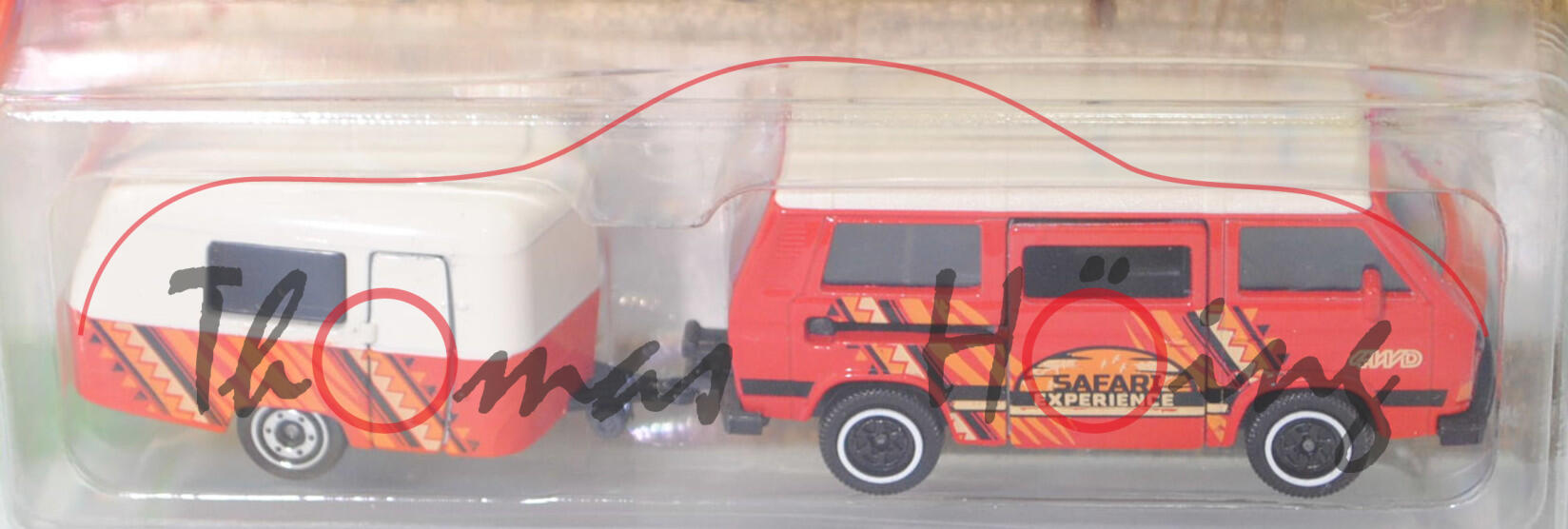 VW Transporter Camping JOKER 1 syncro (T3, Mod. 85-89) mit ERIBA-Wohnanhänger PUCK (Mod. 57-60), rot, SAFARI / EXPERIENCE, majorette, Blister (VOLKSWAGEN with Trailer)