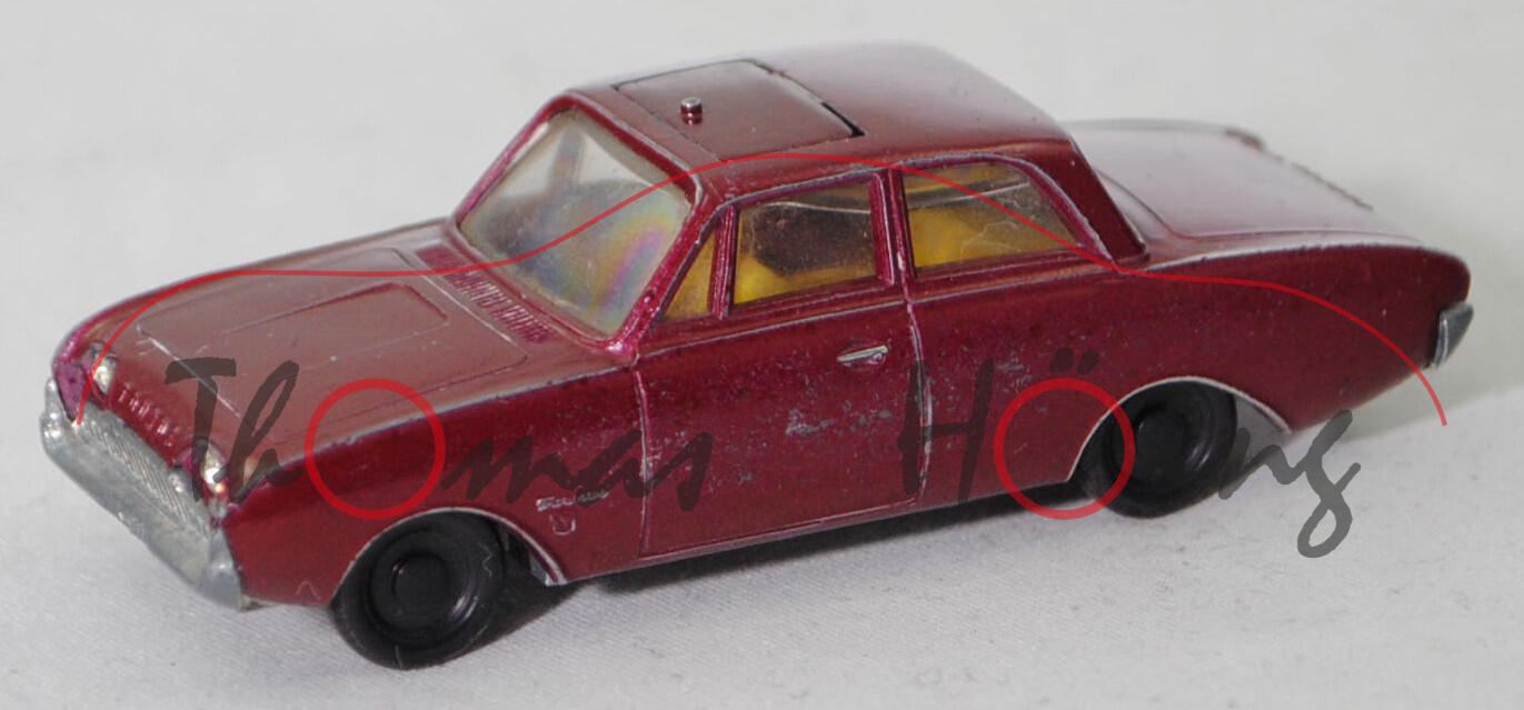 00001 Ford Taunus 17M 2-türig 1500 / 1700 (P3 bzw. Projekt NPX, Modell 1960-1964), weinrot, innen zinkgelb, Lenkrad schwarz, R1, SIKU, 1:60, vsc