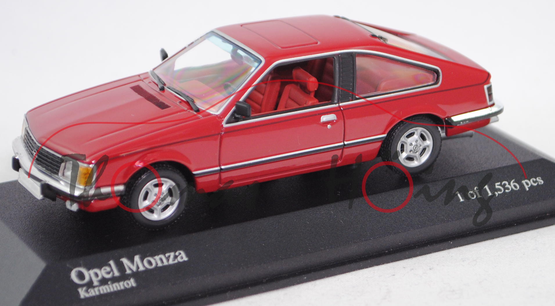 Opel Monza 3.0 E (Typ Monza A1, Mod. 1978-1981), karminrot (Farbcode 535), Minichamps, 1:43, PC-Box