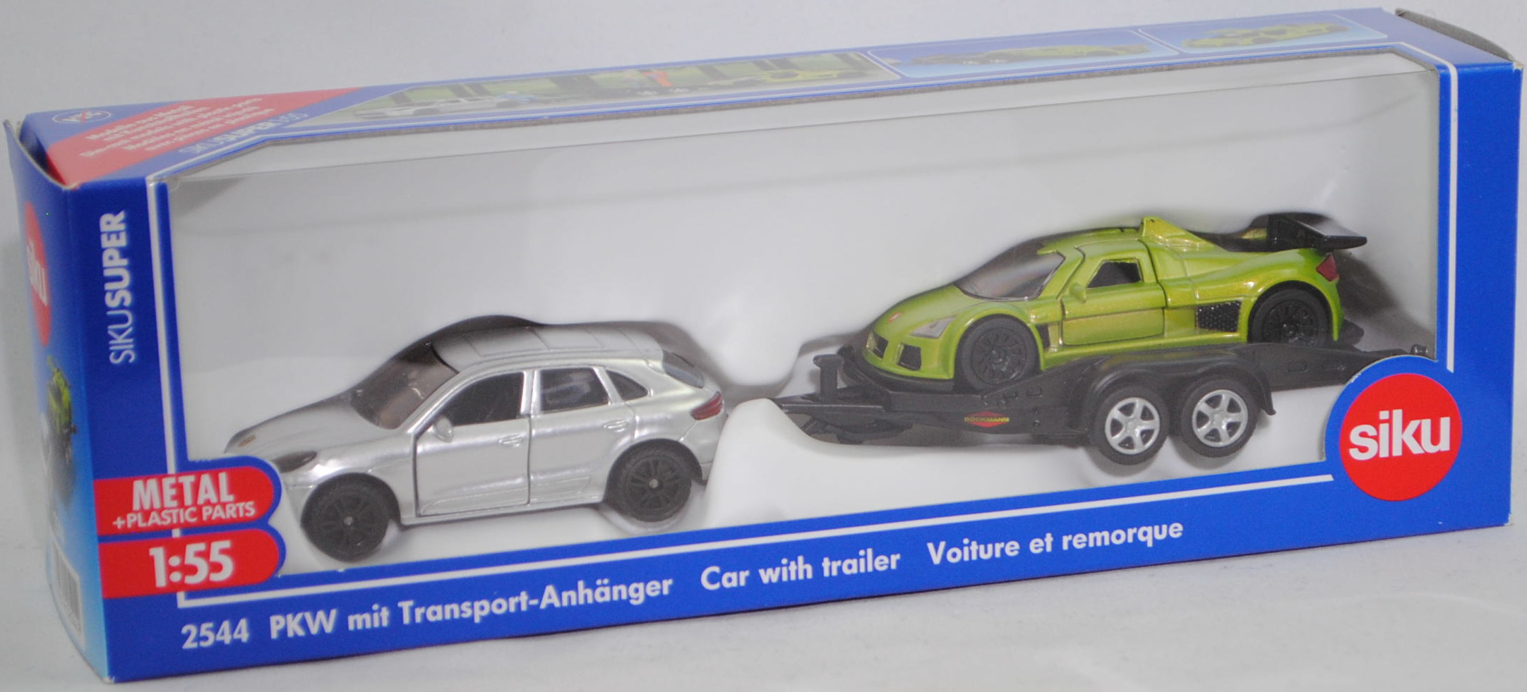 00008 Porsche Macan Turbo mit BÖCKMANN Autotransporter und Gumpert Apollo, weißalu + mattschwarz + hell-gelbgrünmetallic, SIKU, 1:55, L17mpK