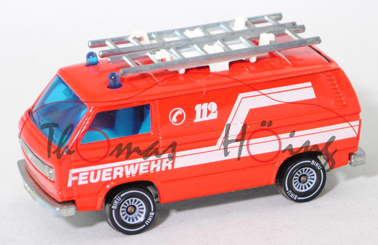 00009 VW Transporter Kastenwagen 2,0 Liter (T3, Mod. 79-82) Feuerwehr-Gerätewagen, rot, C 112 / FEUERWEHR, W-Germ, R11 glatt, SIKU, 1:60