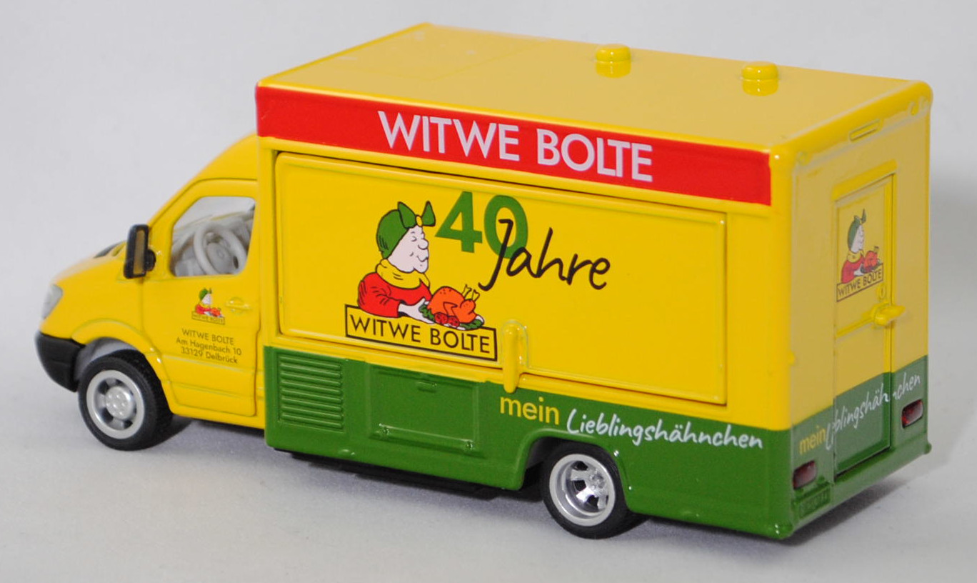 00403 Mercedes-Benz Sprinter II (2. Generation, W 906, Vor-MoPf, Modell 2006-2009) 515 CDI Verkaufswagen, verkehrsgelb, WITWE BOLTE / 40 Jahre, SIKU SUPER 1:50, Werbebox