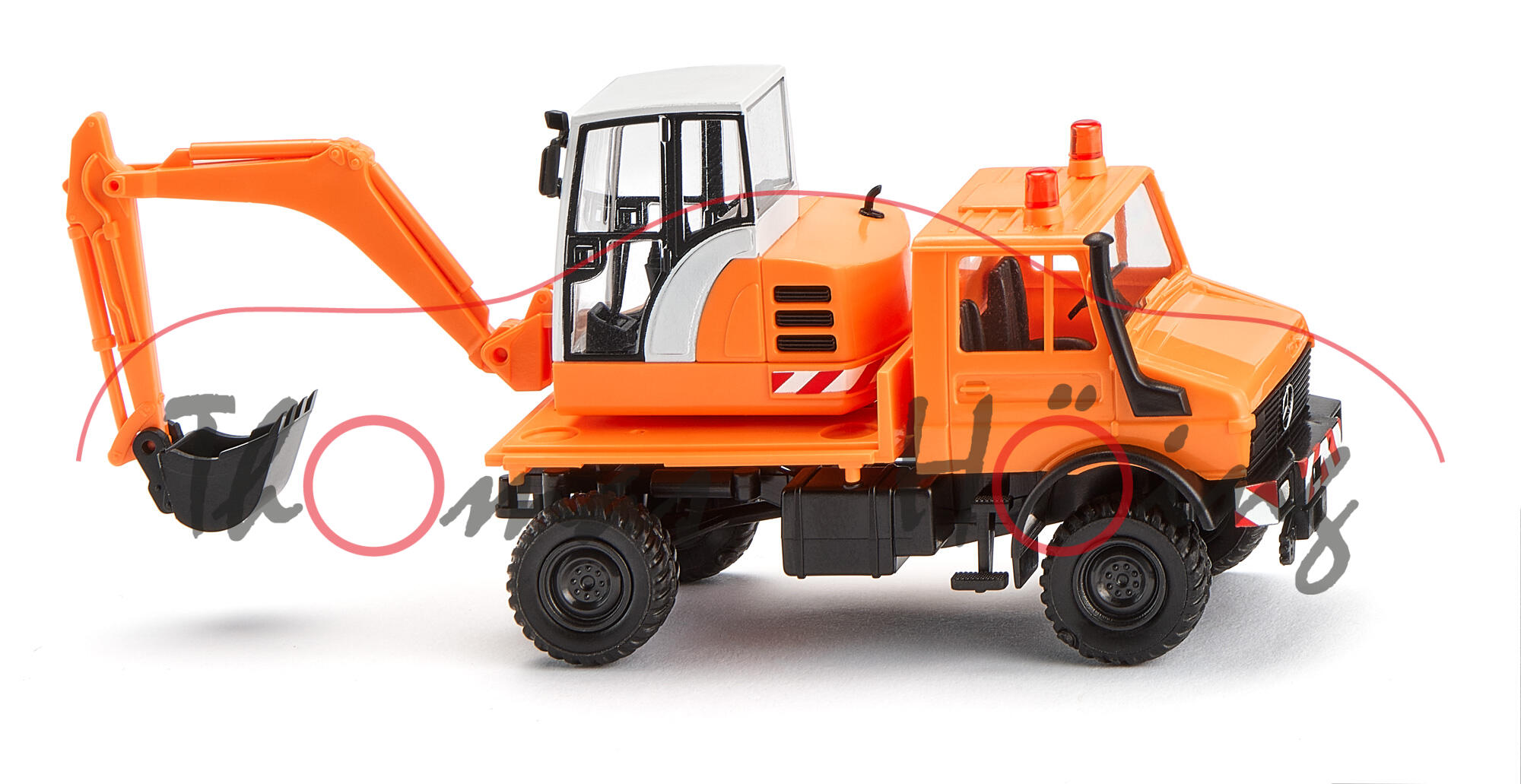Mercedes-Benz Unimog U 1650 (Baureihe 427, Vor-MoPf, Modell 1988-1991) mit Bagger und Tieflöffel, pastellorange/schwarz, Wiking, 1:87, mb