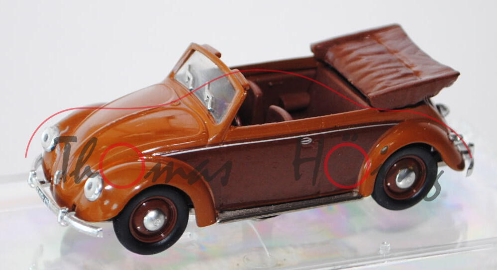 VW Käfer Cabriolet offen (Typ 15), Modell 1949, lehmbraun/nußbraun, VITESSE, 1:43, PC-Box