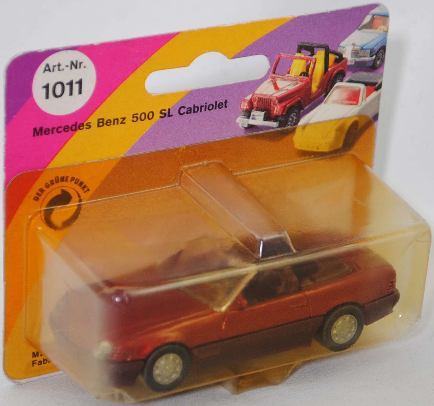 00000 Mercedes-Benz 500 SL (R 129, Modell 1989-1992), purpurrotmetallic, Stern im Kühlergrill und Scheibe seitlich unlackiert, Heckklappe ohne Stern, Germ, B7, SIKU, 1:55, P23 vergilbt