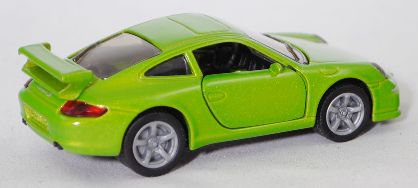 00003 Porsche 911 Carrera S (Typ 997.1 Coupé / 997 MK1 Coupé, Vorfacelift, Modell 2004-2008), hell-gelbgrünmetallic, B22a / B22b geschlossen silbergrau, SIKU SUPER, 1:55, m