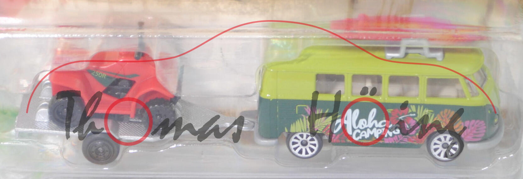 VW Transporter Kleinbus 1200 (Typ 2 T1, Mod. 60-63) mit Dachgepäckträger und Surfbrett sowie Anhänger und Quad, grün, Aloha/Camping, majorette, Blister (VOLKSWAGEN with Trailer)