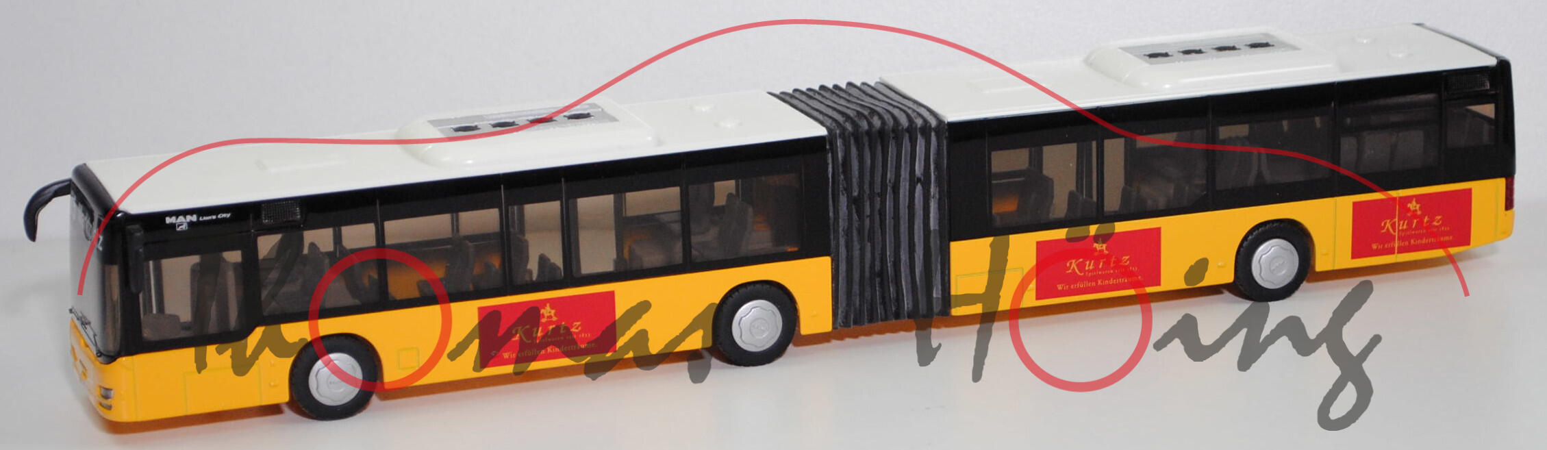 00401 MAN Lion's City G Gelenkbus (Modell 2004-2006), weiß/gelb, Kurtz / Spielwaren seit 1833 / Wir erfüllen Kinderträume., SIKU, 1:50, Werbeschachtel m-