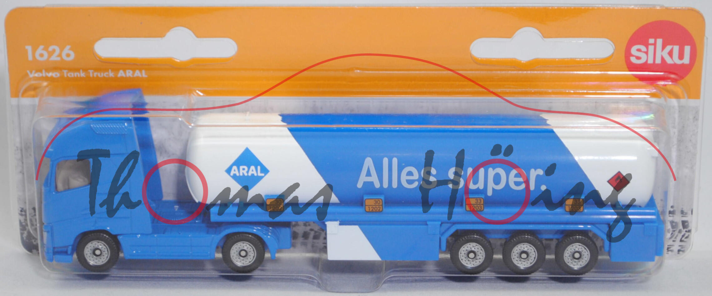 00009 Volvo FH16 750 Globetrotter-XL 4x2 (Vorfacelift, Modell 2013-2020) mit Tankauflieger (Tanksattelzug), dunkel-himmelblau, ARAL Alles super., C36, SIKU SUPER, 1:87, P29f