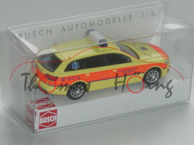 Audi A6 Avant, Mj. 2004, leuchtgelb, Krankentransport Ost/West C 19 2 18, Busch, 1:87, mb