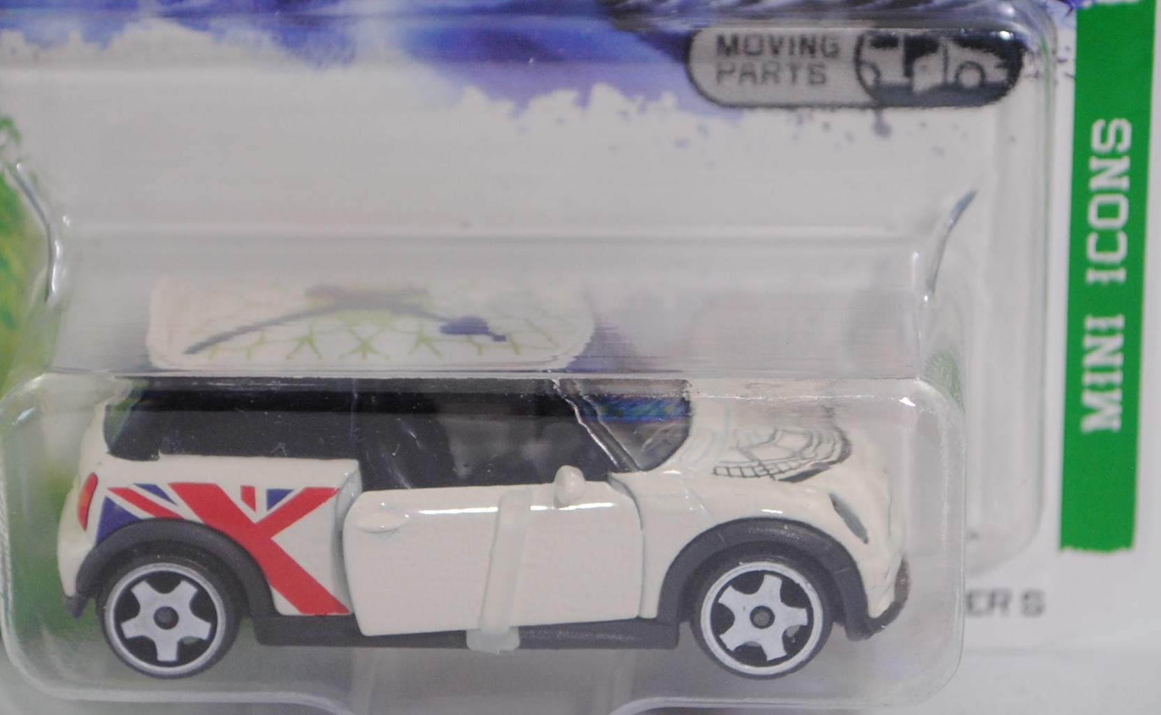 MINI Cooper S (R53, Vorfacelift, Modell 2002-2004) (Nr. 265D), Karosserie cremeweiß, Dach cremeweiß, Union Jack, majorette, 1:55, Blister (MINI ICONS PREMIUM CARS)