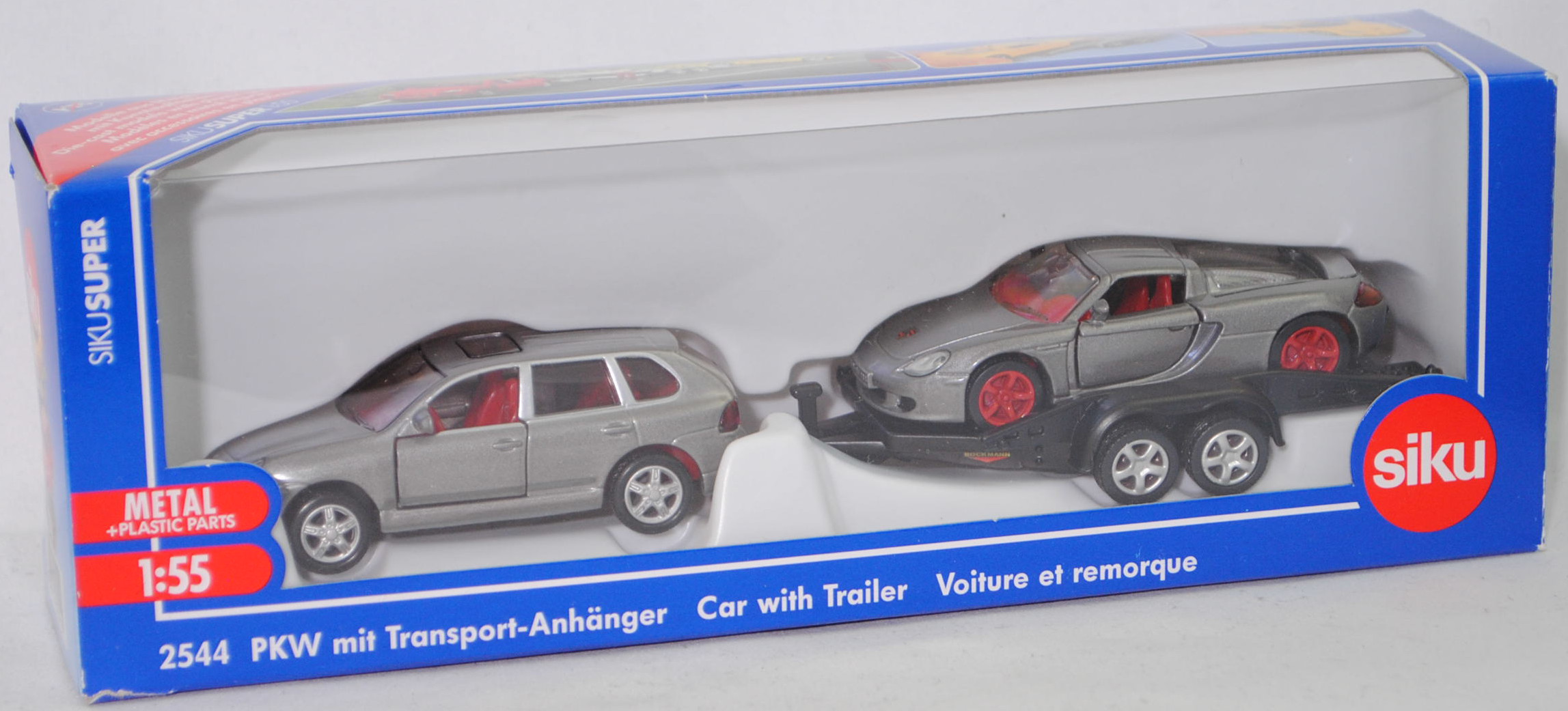 00005 Porsche Cayenne Turbo mit BÖCKMANN Autotransporter und Porsche Carrera GT, graualu, B19 silber + mattschwarz, B21 silber + graualu, B22a / B22b rot, SIKU, 1:55, L17mpK