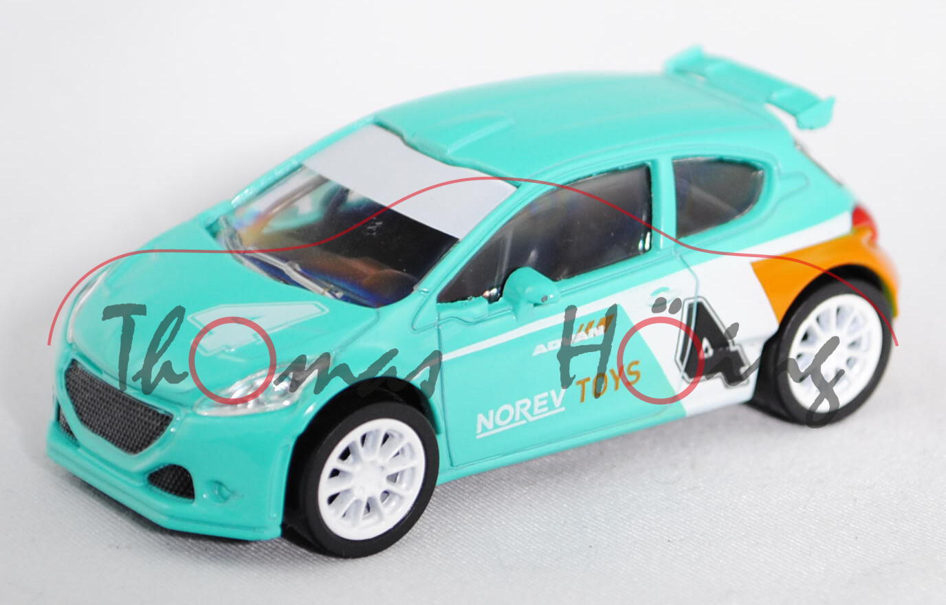 Peugeot 208 T16 R5 WRC (Modell 2013-), türkis/reinweiß/hell-gelborange, Nr. 4, ADVAN / NOREV TOYS, c