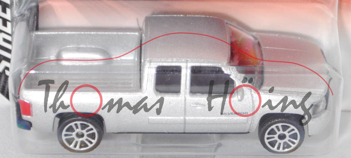 Chevrolet Silverado Extended Cab (3. Gen., Mod. 2013-2018), silbermetallic, majorette, 1:71, Blister