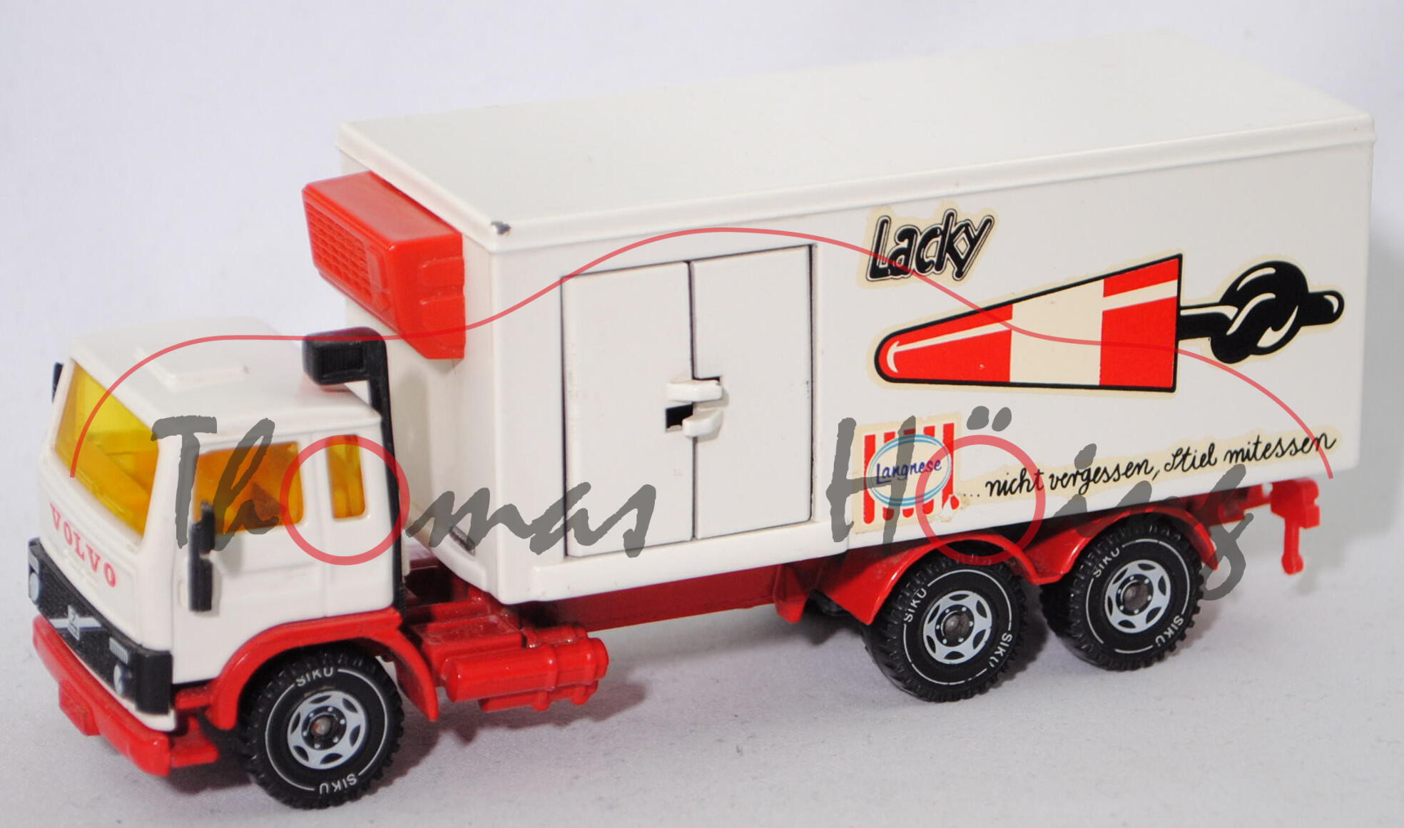 00002 Volvo F7 Turbo 6 (Modell 1978-1984) Kühlkoffer, weiß/rot, Lacky / Langnese ..., SIKU, 1:55, m-