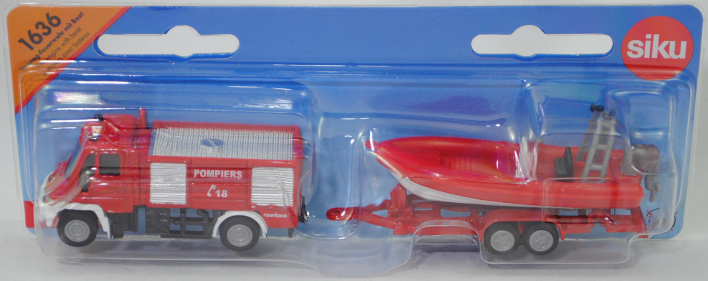 00102 F Mercedes-Benz Unimog U 500 (Modell 2001-2006) Feuerwehr mit Anhänger und Mehrzweckboot MZB 72/AB, rot/weiß, POMPIERS / C 18 / rosenbauer, SIKU SUPER, P29e