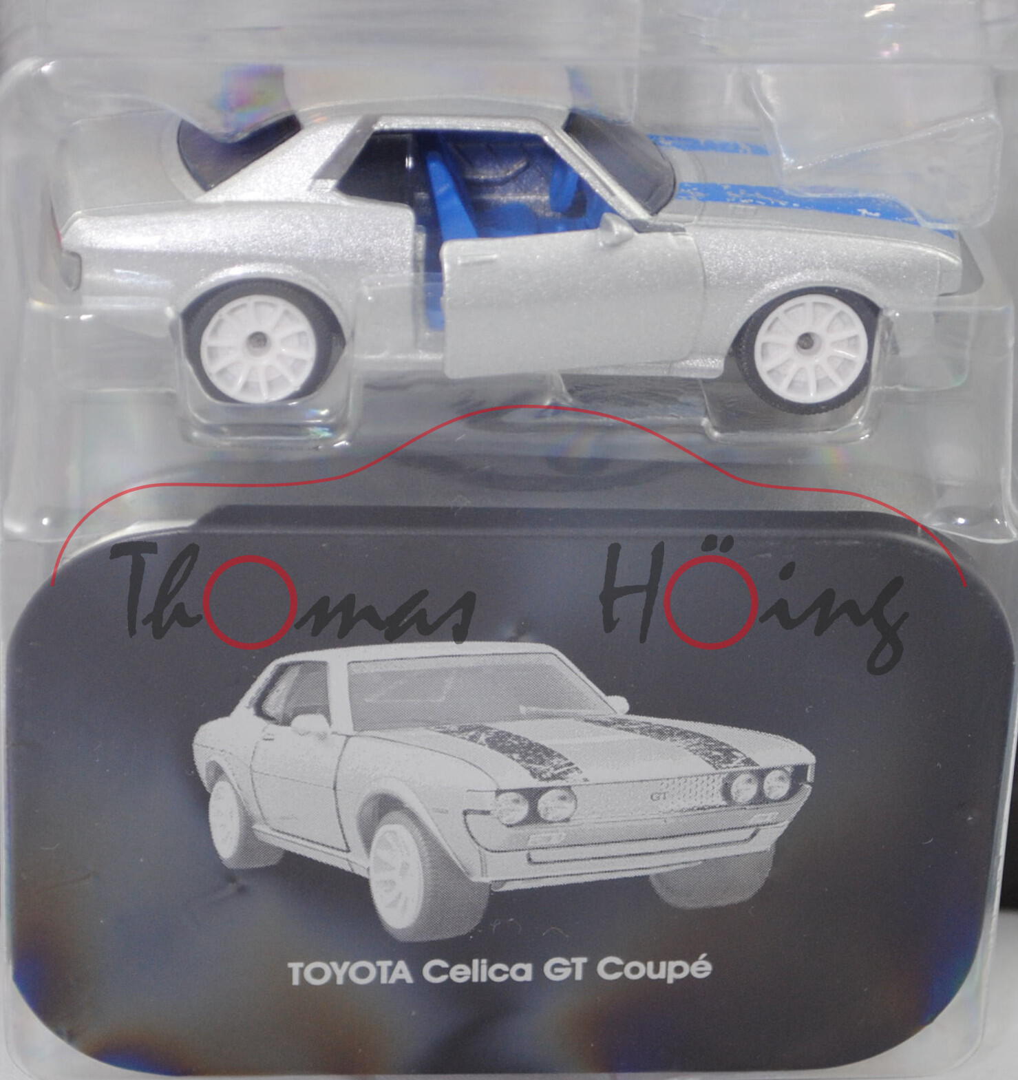 Toyota Celica GT 1600 Gruppe 2 (Mod. 76-77), silber, blaue Streifen, mit Metalldose, majorette, 1:56