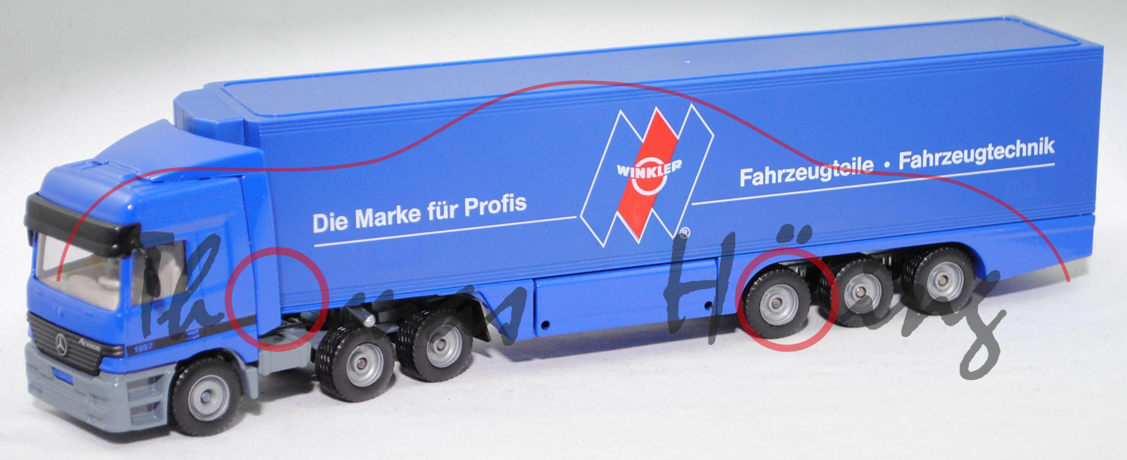 Mercedes-Benz Actros LH 1857 (Mod. 96-02) Koffer-Sattelzug, blau, Die Marke für Profis WINKLER ® Fahrzeugteile · Fahrzeugtechnik, SIKU, 1:55, L15