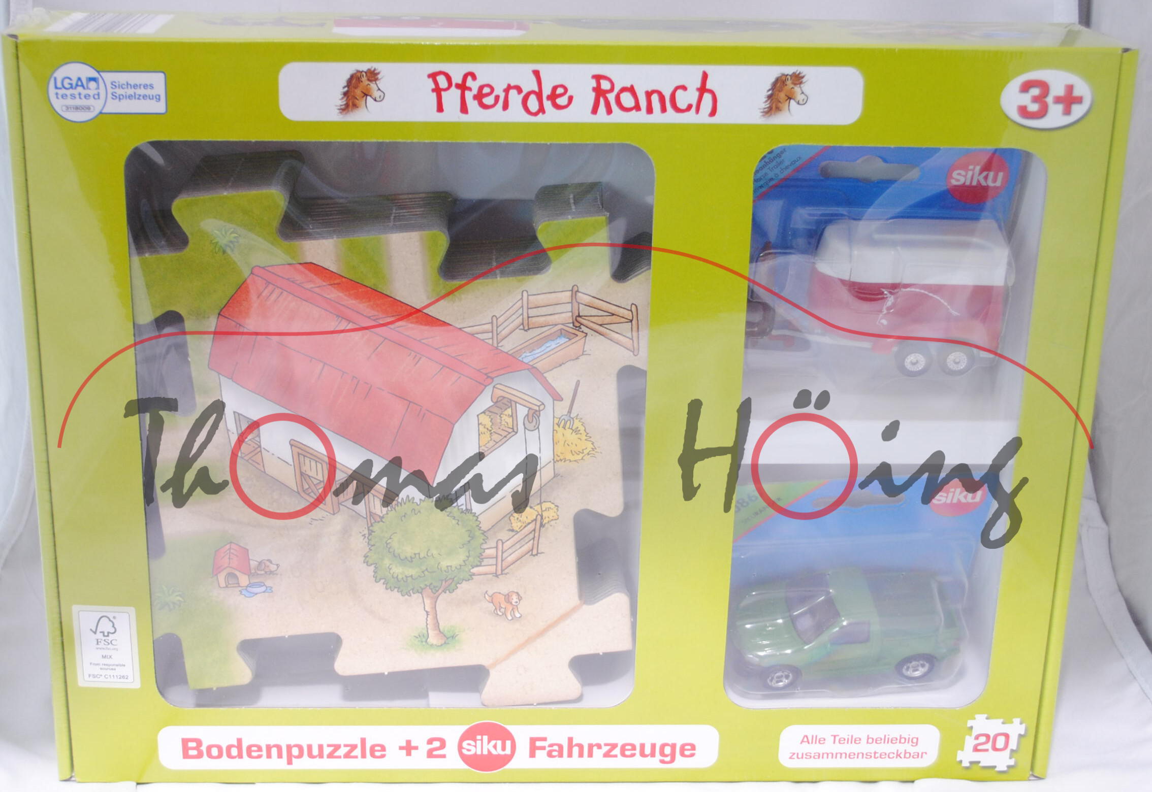 00001 20 teiliges Bodenpuzzle (78 x 63 cm) Pferde Ranch incl. 2 Siku Modelle (1020 Pferdeanhänger, r