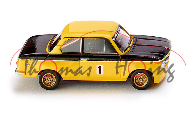 BMW 2002 Rennversion (Baureihe E10, Modell 1968-1975), hellgelb/schwarz, Startnummer 1, Wiking, 1:87