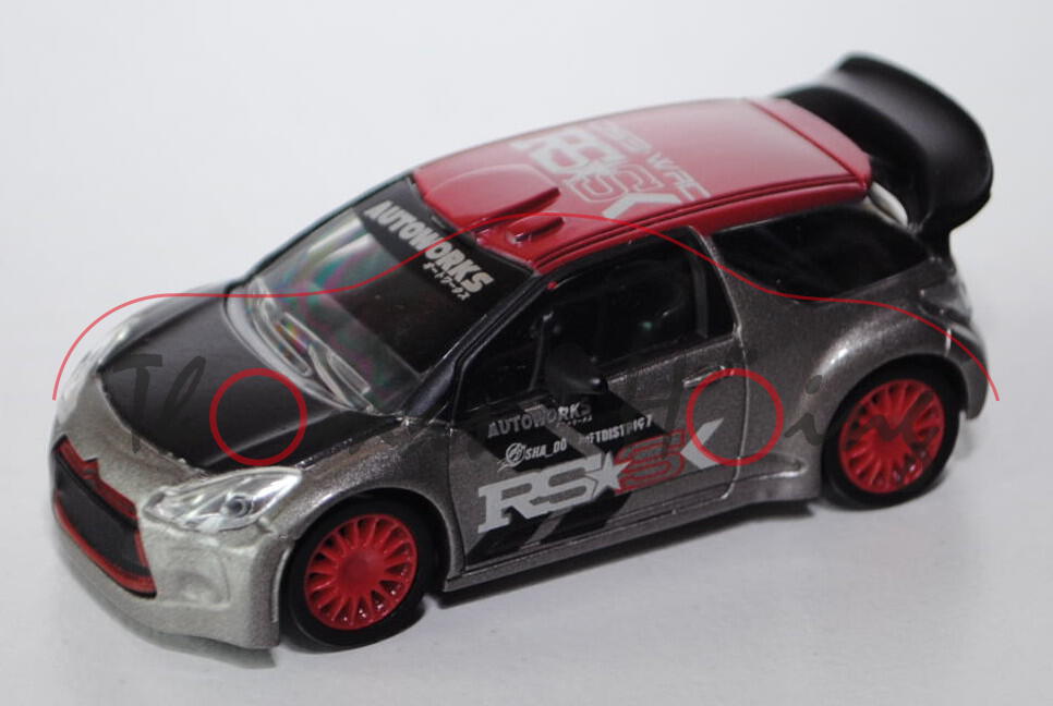 Citroen DS3 WRC, rubinrot/mattschwarz/graualuminiummetallic, RSS / AUTOWORKS, 1:50, Norev STREET RAC