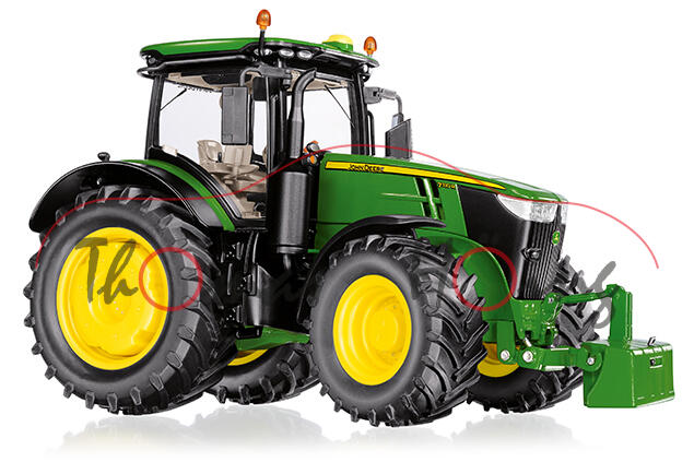 John Deere 7310R (Modell 2014-), smaragdgrün, Felgen zinkgelb, Wiking, 1:32, mb