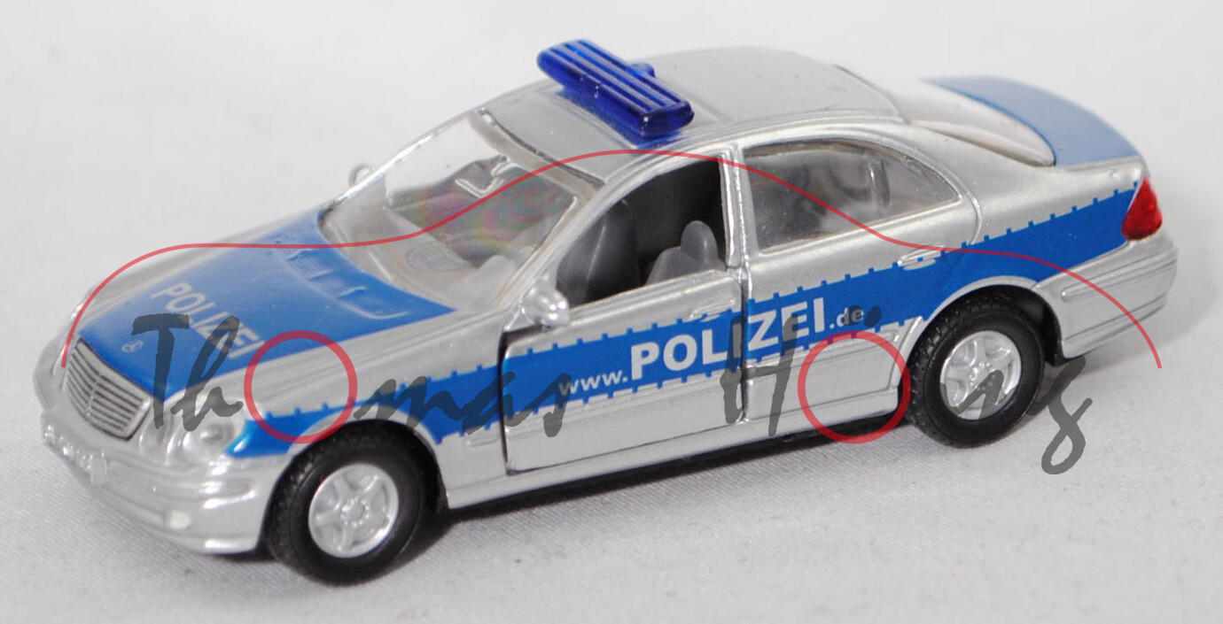 00006 Mercedes-Benz E 500 (Mod. 02-06) Polizei, weißalu/blau, www.POLIZEI.de, B13 silber, SIKU, 1:55