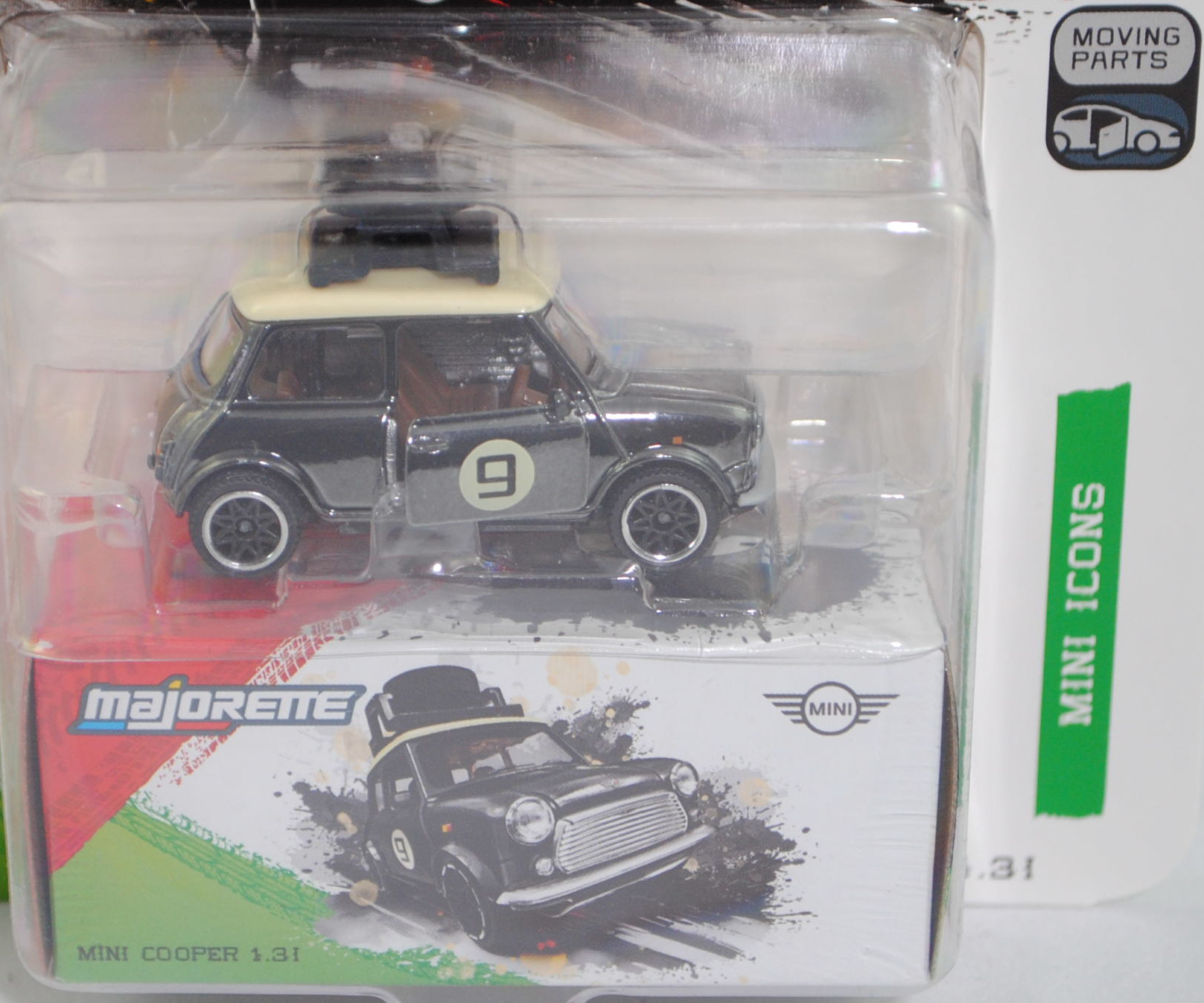 MINI Cooper 1.3i (ADO20, Modellcode XN, 5. Facelift 1991, Modell 1991-1996) mit Dachgepäckträger und Ladegut (Nr. 265E), schwarz/elfenbein, majorette, 1:53, Blister (MINI ICONS DELUXE CARS)