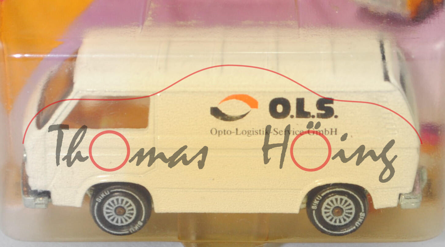 VW Transporter Kastenwagen (Typ 2 Transporter 3 (T3, Modell '80), Modell 1979-1982), reinweiß, O.L.S. / Opto-Logistik-Service-GmbH, R11 glatt, SIKU, 1:60, P23 vergilbt (Limited Edition)