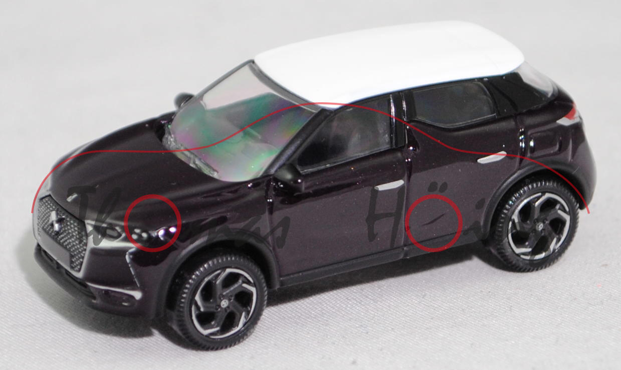 DS 3 Crossback PureTech 155 Automatik SO CHIC (U, Vorfacelift, Modell 2018-2022), whisper, Dach opal-weiß (blanc opale), Norev, 1:64, Werbebox