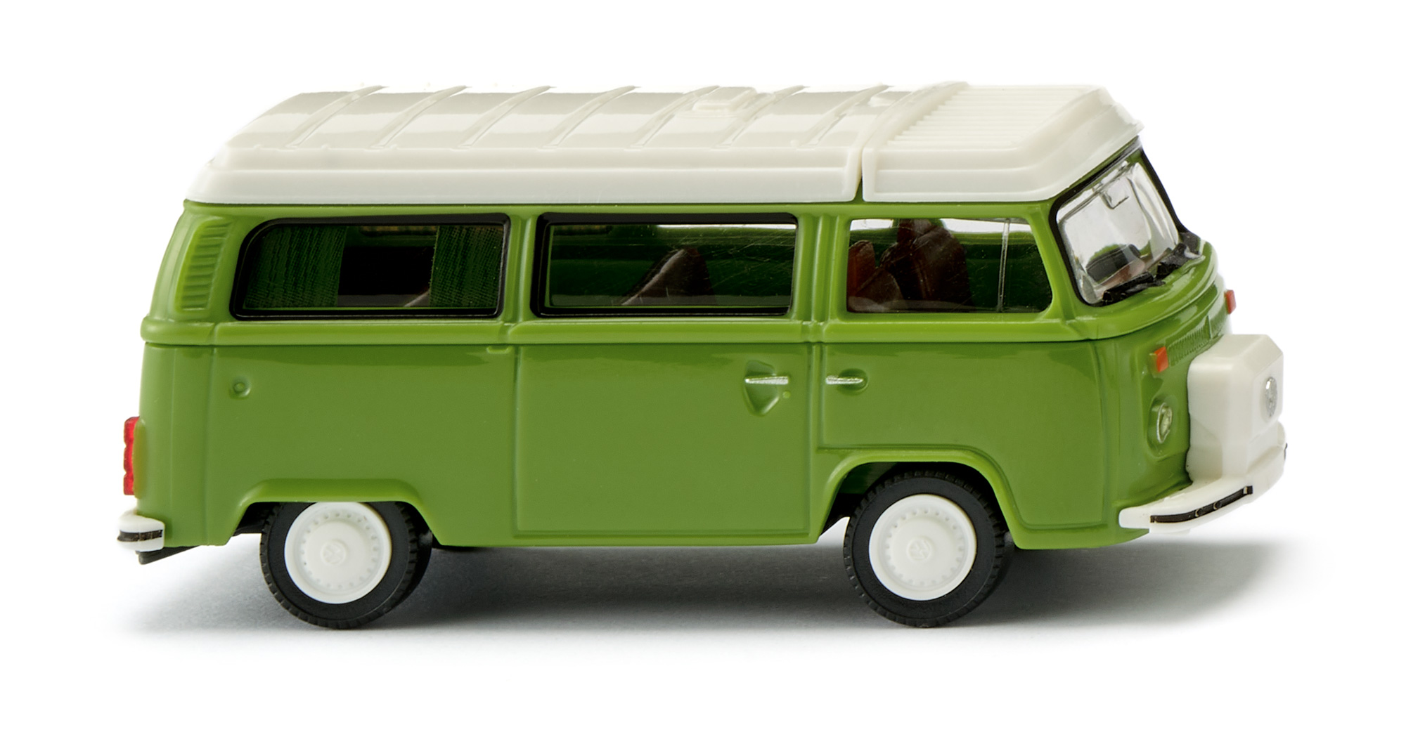 VW T2 Campingwagen (Typ 2 Transporter 2 bzw. T2b, Facelift 2 von 1972, Aufbautyp 23, Modell 1973-1979) mit geschlossenem Hubdach, weiß/grün, Wiking, 1:87, mb