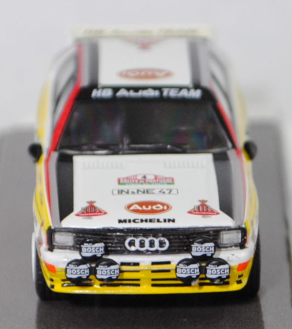 Audi quattro A2 Gruppe B (R1, Homologationsnummer B-243, Modell 1983-1984), weiß, 18. Rallye Portugal 1984, Nr. 4, Walter Röhrl / Christian Geistdörfer, Schuco, 1:64, mb