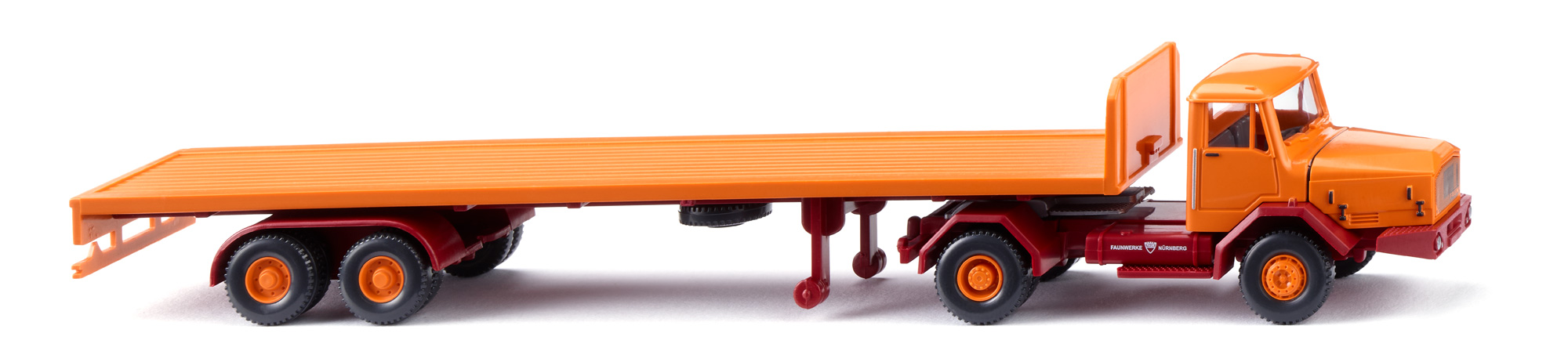 Faun F610/36Z Schwerlastzugmaschine (Modell 1967-1971) Flachpritschensattelzug, gelborange/braunrot, innen basaltgrau, FAUNWERKE NÜRNBERG, Wiking, 1:87, mb