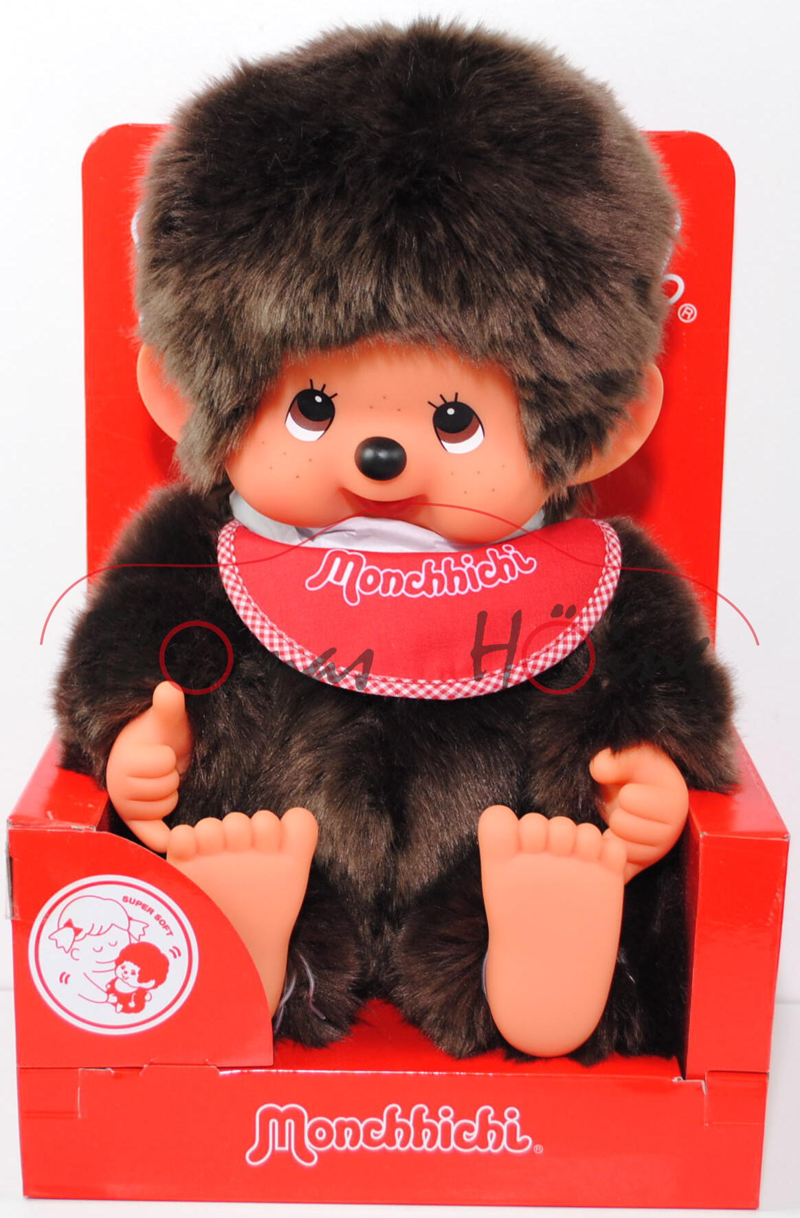 Super Soft Monchhichi - Sitting L-size Boy Red (Junge sitzend mit rotem Latz), 45 cm groß, Sekiguchi