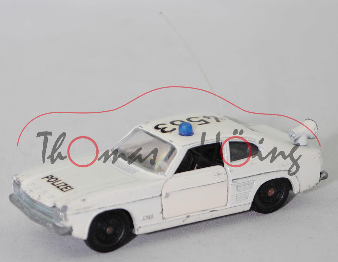 00008 Ford Capri 1700 GT (Typ Capri '69 oder Mk I, Modell 1969-1972) Autobahnpolizei Düsseldorf, reinweiß, POLIZEI / 4563, Verglasung klar, R3, SIKU, 1:60, m-