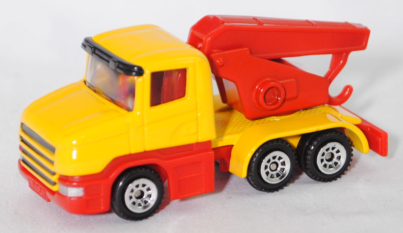 00004 Scania T114GB 6x4 NZ 340 (Serie 4, Fahrerhaustyp CT14, Modell 1995-1998) Abschleppwagen, gelb, Ausleger mit Abschlepphaken rot, C1 chrom, SIKU SUPER, 1:86, m