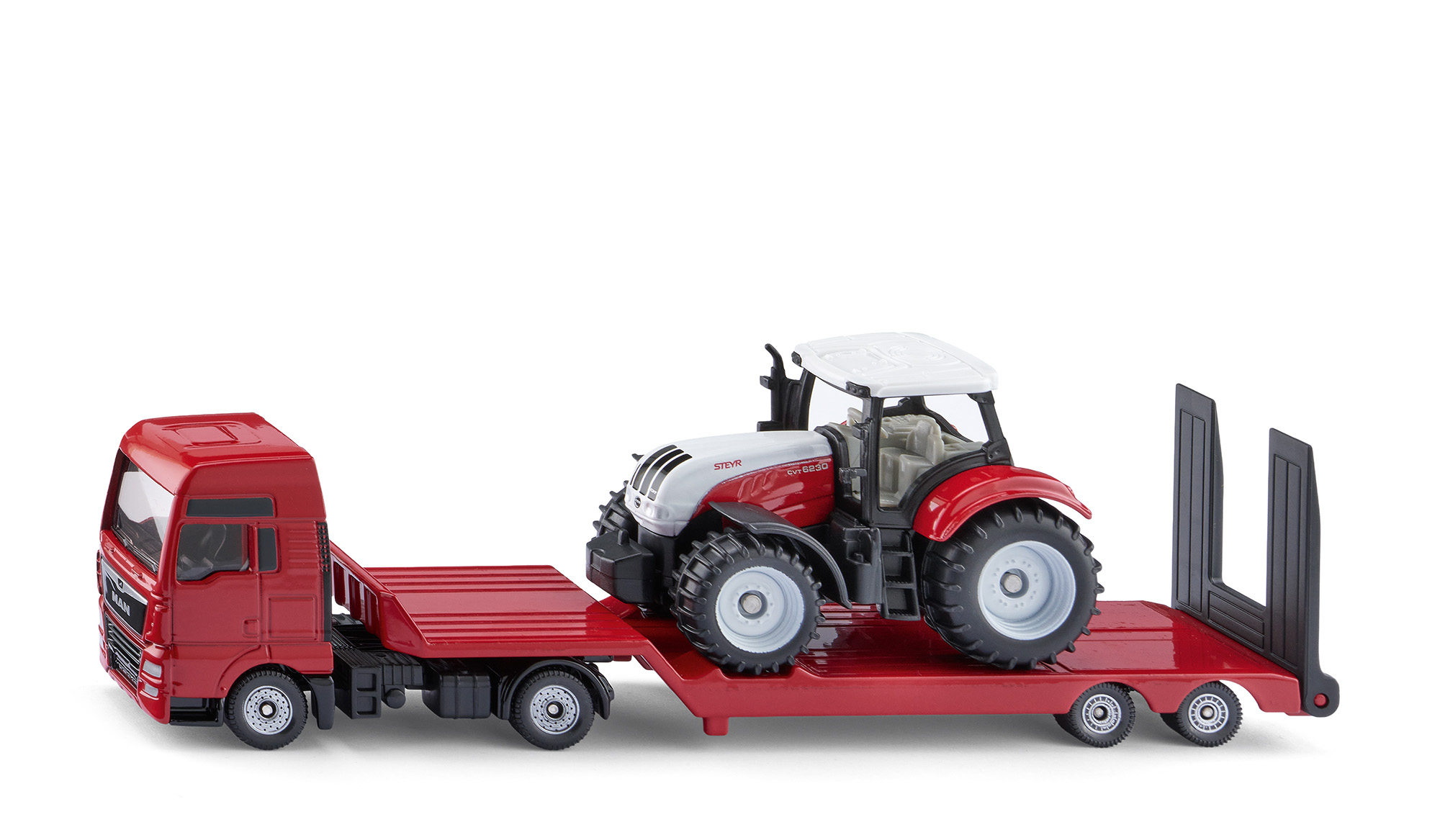 00000 MAN TGX 18.580 D38 XXL (1. Generation, Facelift 2017, Modell 2017-2019) und Sattelauflieger mit Steyr 6230 CVT ecotech (Modell 2011-2015), rot und weiß/rot, SIKU SUPER 1:87, L17mpK