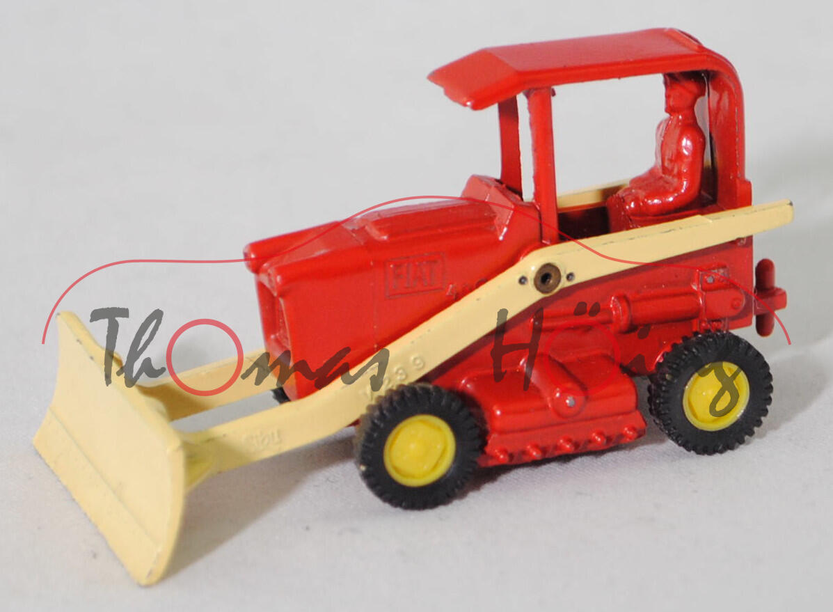 00003 FIAT Schlepper 40 CA (Modell 1960-1964) und Schaeff-Planier-Austauschschild, Karosserie verkehrsrot, Planier-Austauschschild blassgelb, SIKU, 1:56, m-