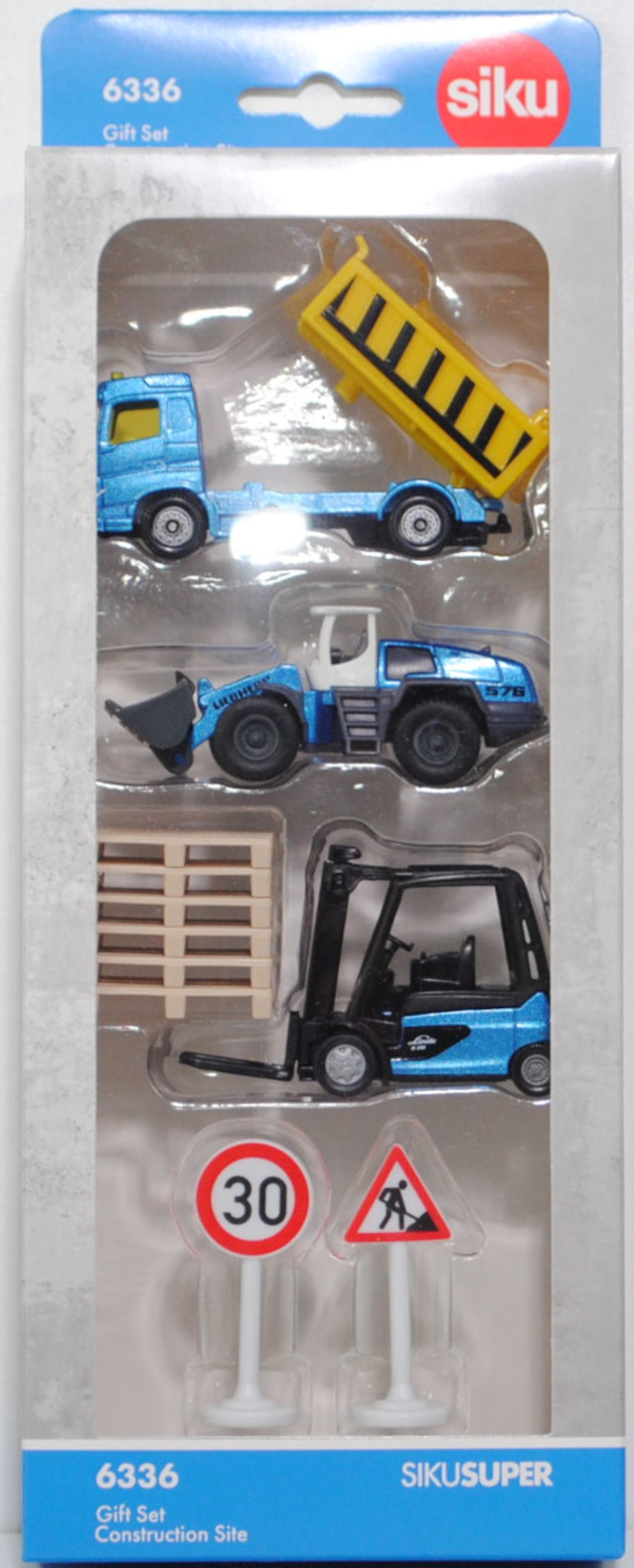 00000 Geschenkset Baustelle: Volvo FM 4x2 2-Achs-Kipper + LIEBHERR L 576 2plus2 Radlader + Linde Elektro-Gegengewichtsstapler E35/600H + Zubehör, SIKU SUPER, P33R
