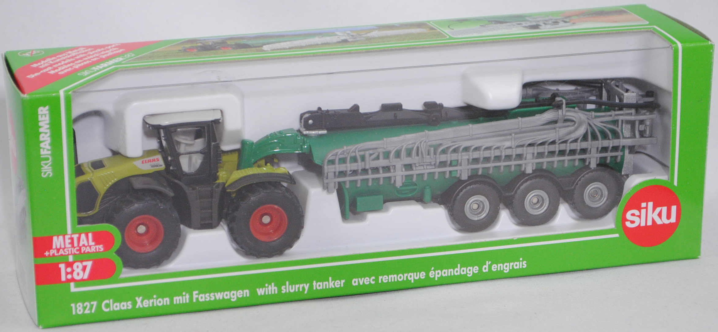 00001 CLAAS XERION 5000 TRAC (3. Generation, Modell 2011-) und SBX2 Schleppschlauchgestänge (Fasswagen), grau/claasgrün, mit Chargendruck, SIKU FARMER 1:87, L17mpK