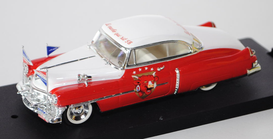 Cadillac Eldorado, Modell 1950, reinweiß/verkehrsrot, La vache qui rit 58, VITESSE, 1:43, PC-Box