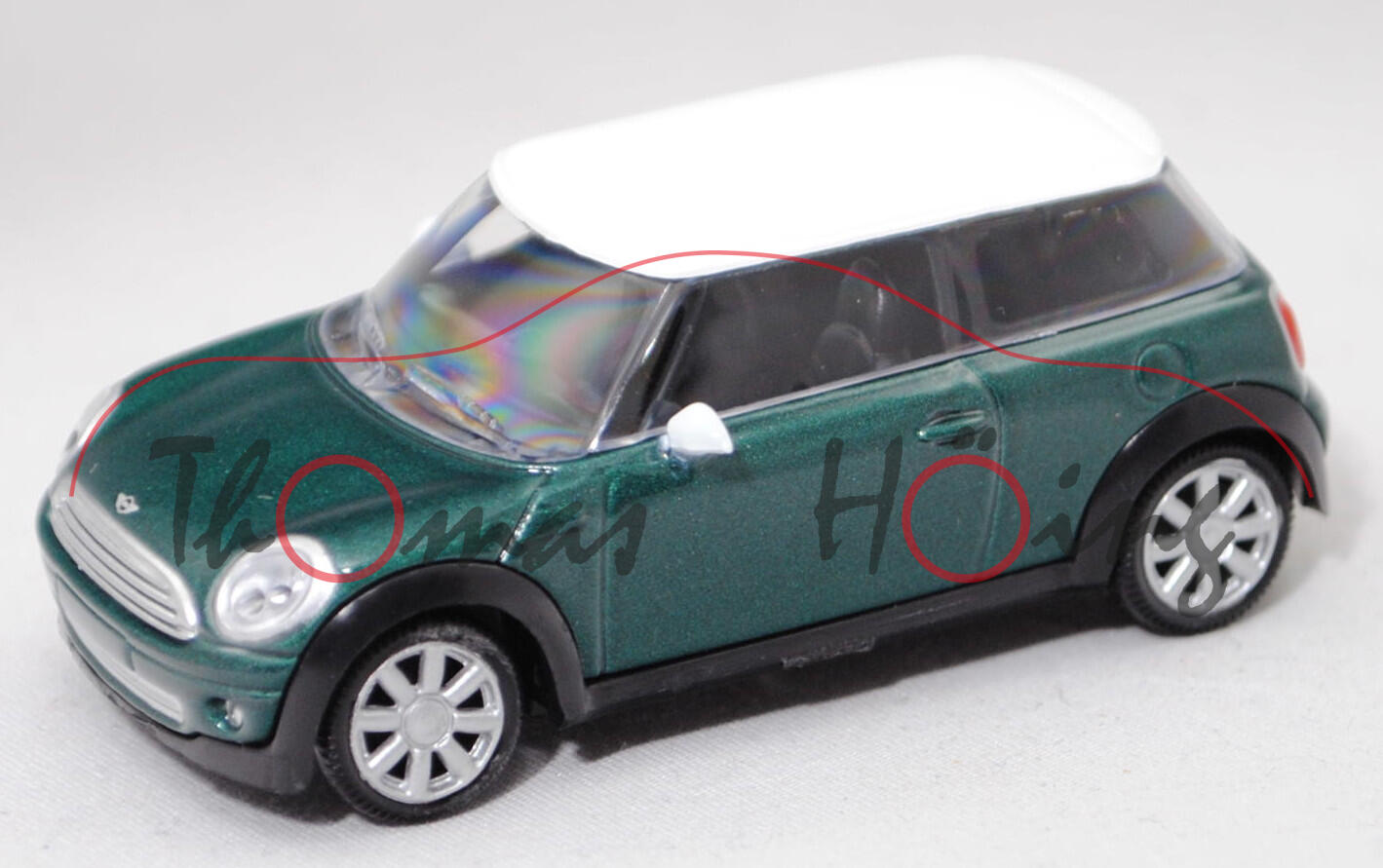 MINI Cooper (1. Gen., Typ R50, Modell 2001-2004), british racing green, Dach weiß, Norev, 1:53, mb