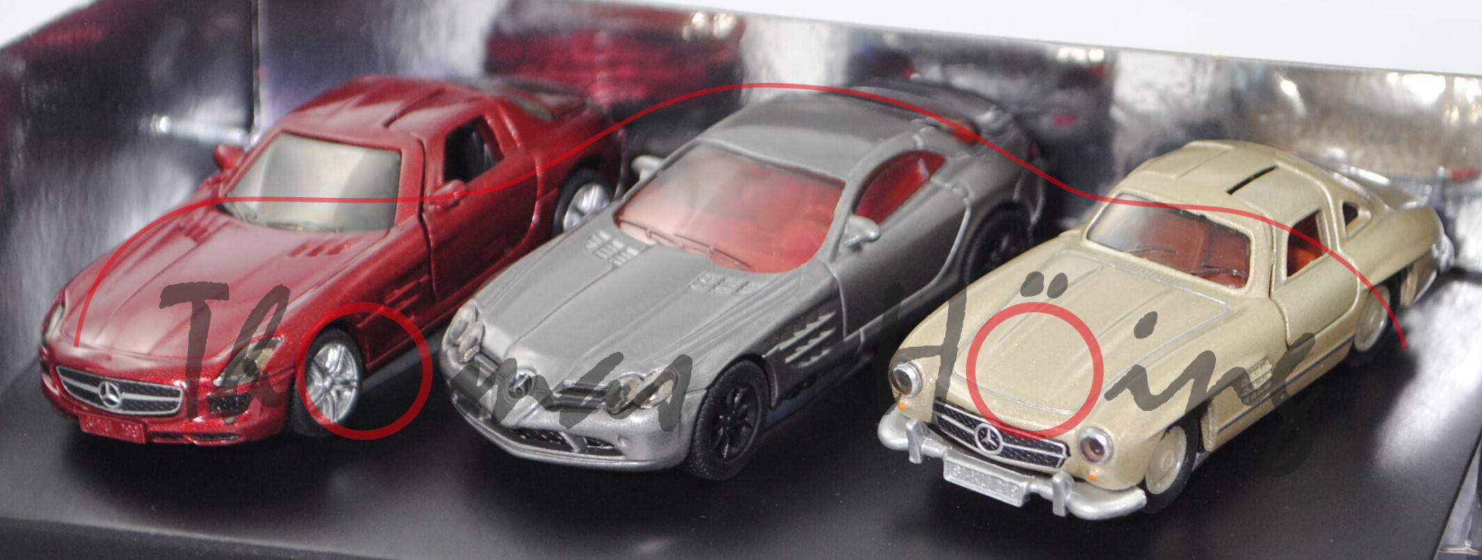 00702 Mercedes Set 2: SLS AMG Coupé + SLR McLaren + 300 SL, SIKU, 1:55, L17mpP Werbebox (Limited)