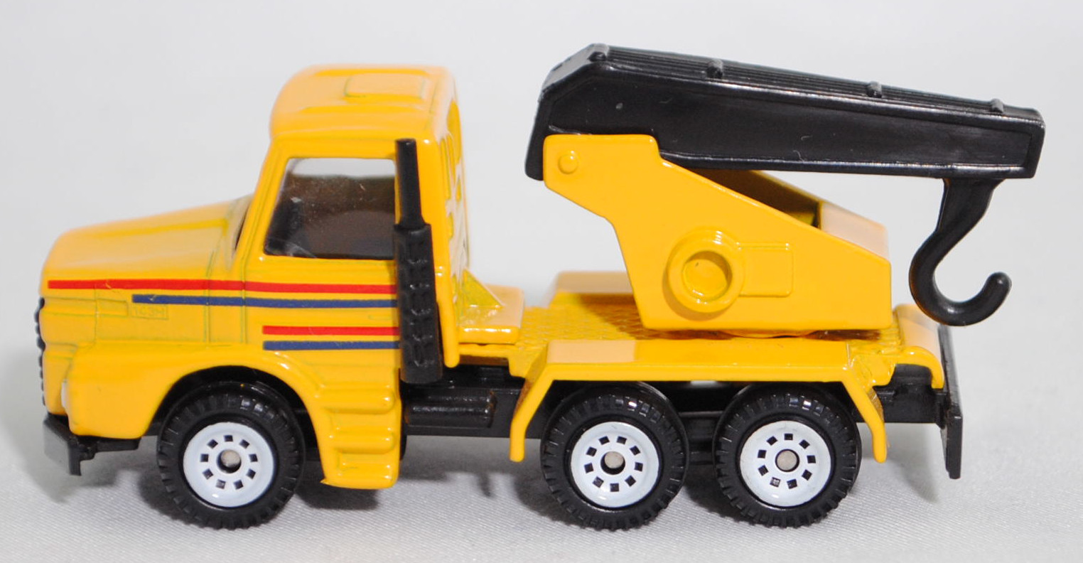 00001 Scania T143H-400 6x4 (Modell 1988-1991) Abschleppwagen, gelb, Kranfuß gelb, Ausleger schwarz, Bpr. 0808/1013/1014, C1 weiß, SIKU SUPER, 1:93, m