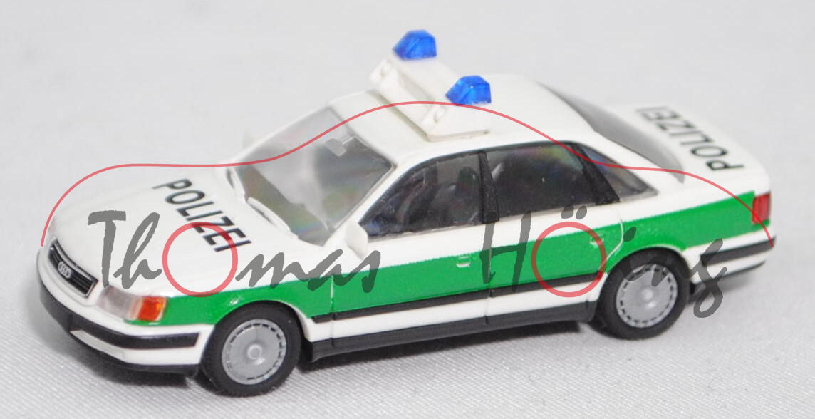 Audi 100 quattro 2.8 E (C4, Modell 90-94) Polizei Bayern, weiß/grün, POLIZEI, Rietze, 1:87, Werbebox