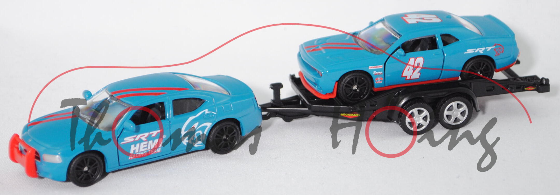 00000 Dodge Charger mit Autotransporter und Dodge Challenger Racing, d.miami blue, SIKU, L17mpK